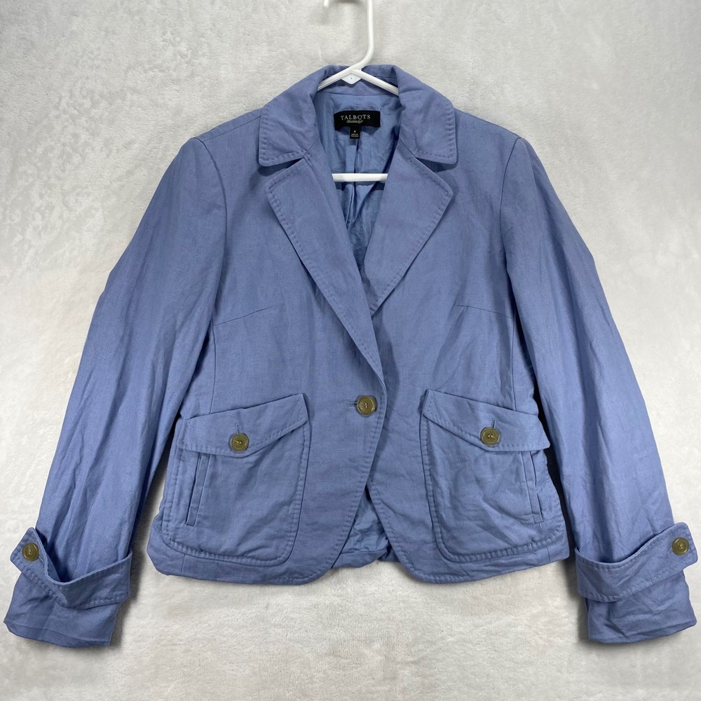 Talbots Linen Blend Blazer Jacket Button Front Pockets Blue Size 4 - flaw
